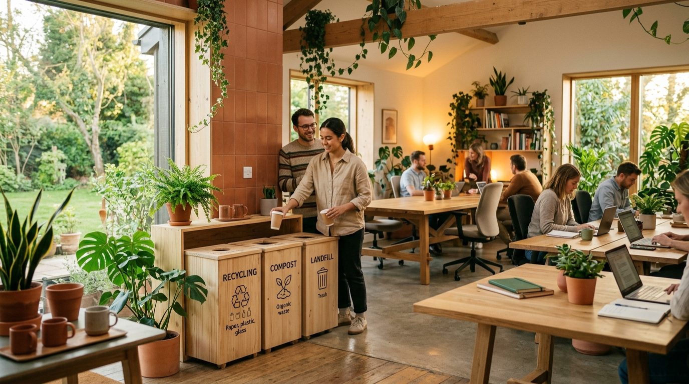 Bacs de tri sélectif écologiques dans un bureau lumineux et végétalisé